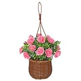 Artificial Rose Flowers with Hanging Woven Basket, Faux Blooming Roses in Fake Rattan Planter with Rope, Romantic Floral Arrangement for Home Wall Porch Patio Balcony Summer Wedding Decor, Light Pink
