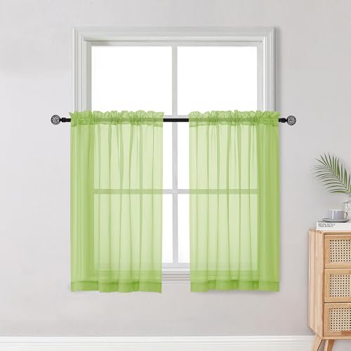 Image of OWENIE Short Lime Sheer Curtains 36 Inch Length 2 Panels Set, Kitchen Tiers Curtains Light Filter Rod Pocket Voile Cafe Curtain for Basement Bathroom Small Half Window, 42 inch W x 36 inch L, Lime
