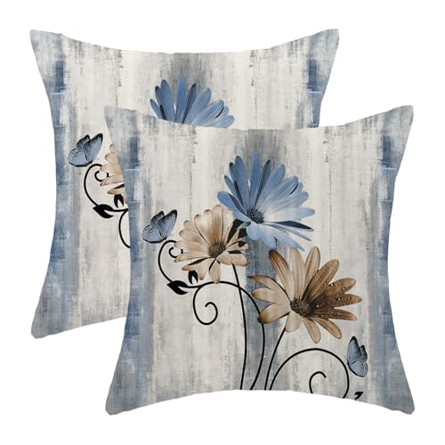 OFIRD Spring Pillow Covers 18x18 Pack of 2 Blue Brown Daisy Floral Throw Pillow Covers Outdoor Decoration Vintage Summer Flower Decor Pillowcase Farmhouse Decorative Linen Cushion Case for Couch Sofa