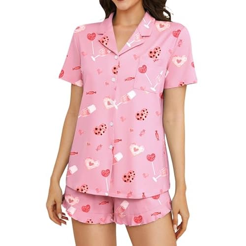 Marvmys Women Short Sleeve Pajamas Set Button Down 2 Piece Pjs Shorts Set Ruffle Lounge Set Sleepwears S-XXL Pink Goblet X-Large