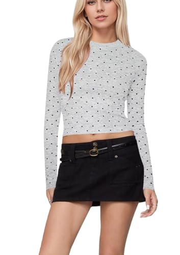 Women Polka Dot Long Sleeve Crop Tops Slim Fit Crew Neck Casual T Shirts Fall Basic Going Out Top