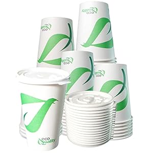 20 oz Compostable Paper Cups with White Flat Lids – Biodegradable Disposable White Paper Coffee Cups PLA Lined – Eco-friendly Hot and Cold Drinking Cups (25)