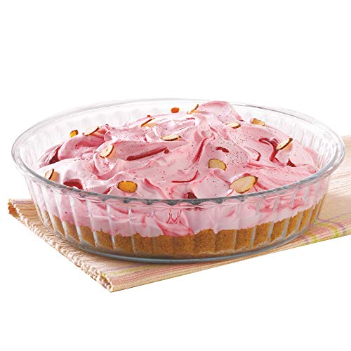 Image of Borosil Baking & Serving Round Shape Fluted Dish | Borosilicate Glass Bakeware and Serveware Tray | Microwave, Oven & Dishwasher Safe Bowl | Transparent (1.2 L)