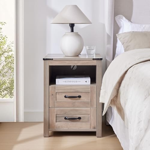 Farmhouse Nightstand, Rustic Sierra Bedside Table with Drawers, Night Stand for Bedroom, End Tables with Charging Station, Wood Bedside Cabinet Dresser