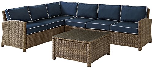 Crosley Furniture Ko70020Wb-Nv Bradenton Outdoor Wicker 5-Piece Sectional Set (2 Loveseats, 2 Chairs, Coffee Table), Weathered Brown With Navy Cushions #TOP3