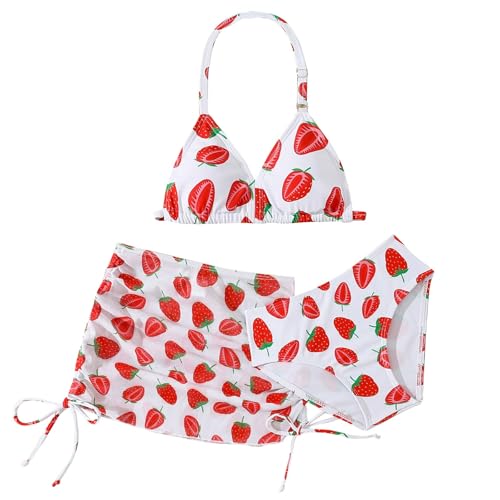 Bonito traje de baño de 3 piezas para niñas, conjunto de bikini con estampado de fresas, triángulo halter, cintura alta, traje de baño con falda fruncida, ropa de verano para adolescentes y niñas
