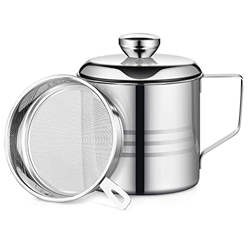 Haosens 1.2 L Oil Storage Grease Keeper with Filter, Stainless Steel Grease Container with Mesh Strainer - Cooking Oil Can for Kitchen Fat Storage
