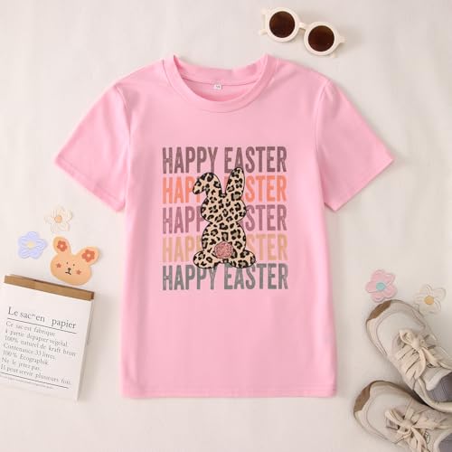 Image of Kid Girls Easter Shirts Happy Easter T-Shirt Funny Leopard Bunny Outfit Short Sleeve Tees Tops Holiday Clothes 7-12Y