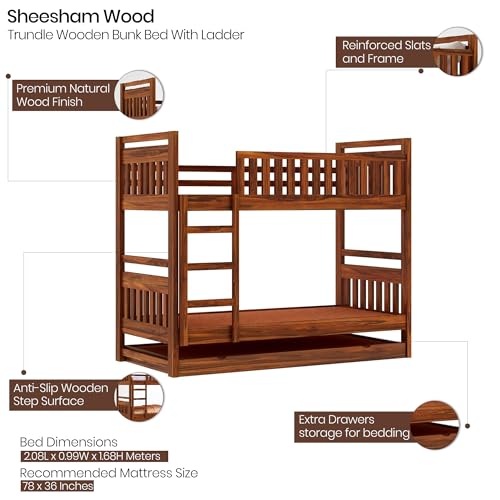 Image of Ganpati Arts Solid Sheesham Wood Swift Bunk Bed With Trundle Wooden Bunk Bed With Ladder For Bedroom Living Room Home (Natural Finish), Double