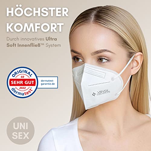 VEVOX® FFP2 Masken CE zertifiziert aus Deutschland - 10, 20, 50 Stk. - Farbe wählbar - 100% MADE IN GERMANY - Mundschutz FFP2 Maske Weiß - CE geprüft nach EN149:2001+A1:2009 - à 5 Stk. verpackt - Image 4