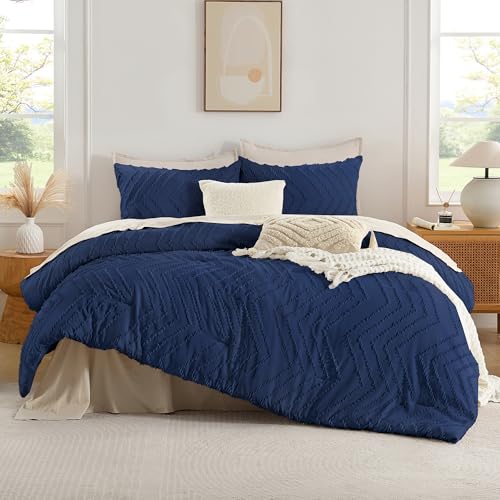 Image of Andency Navy Blue Comforter Set King Size, Boho Soft Warm Tufted Bedding Comforter Sets for King Size Bed, 3 Pieces Aesthetic Chevron Farmhouse Cute Bohemian Textured Bedding Set