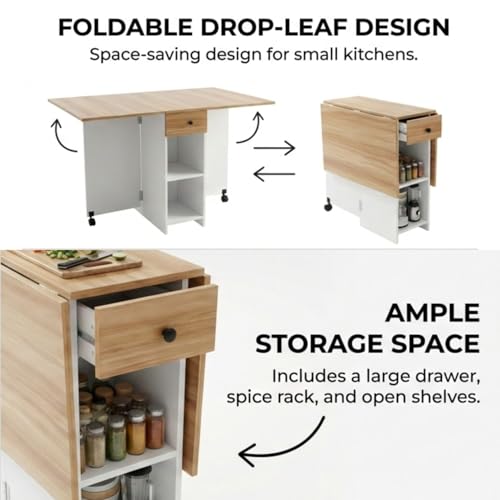 Image of FFO Folding Dining Table for Small Spaces | Compact Table with Drawer & Storage Shelves | Red Oak & White Finish | 120 x 72 x 75 cm | DIY Assembly