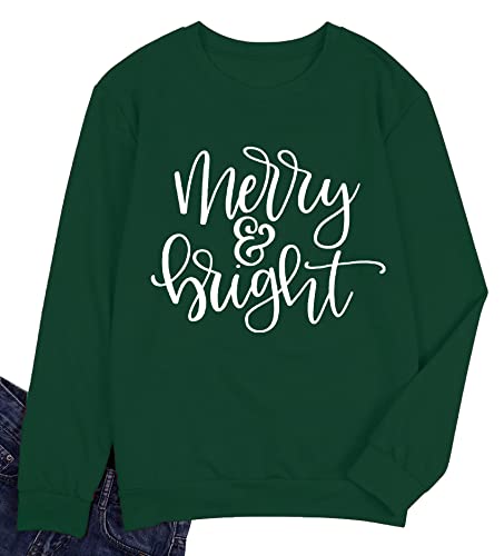 Image of Christmas Sweatshirt Women Merry and Bright Christmas T-Shirt Funny Xmas Lights Blouse Tops Holiday Shirts