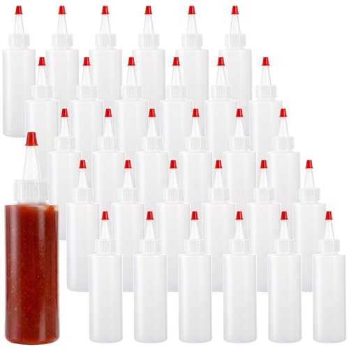 Bekith 30 Pack Small Plastic Squeeze Condiment Bottles with Red Tip Cap 4 Ounce Squirt Bottle For Ketchup BBQ Sauces Syrup Condiments Dressings Arts and Crafts