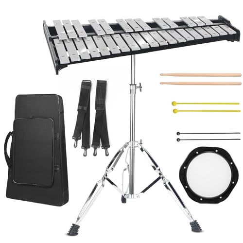 Professional 32 Note Glockenspiel Xylophone Bell Kit，with 3Types of Drumsticks ，Muted Practice...