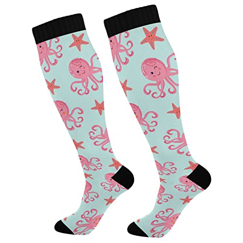 Wusikd Pink Octopuses Compression Socks for Women and Men Circulation Starfishes Long Socks for Athletic Running 1
