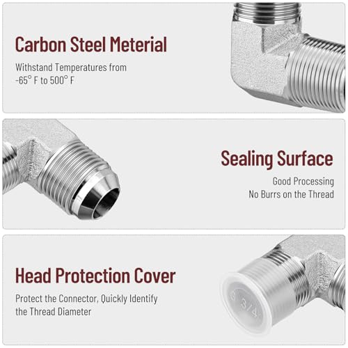 Image of 90 Elbow Hydraulic Adapter Fitting: 3 /4 inch JIC Male x 3 /4 inch NPT Male | 5 Pack Carbon Steel Hydraulic Hose Crimp Connectors with Protective Covers for Hydraulic Applications - 2501-12-12