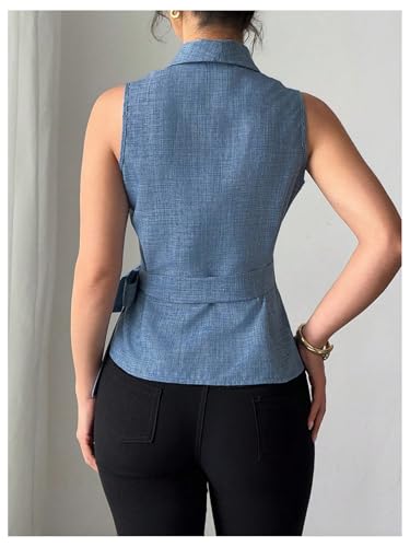 GORGLITTER Women's Denim Bow Wrap Blazer Suit Vest Jeans Collared Shirt Sleeveless Blouses3