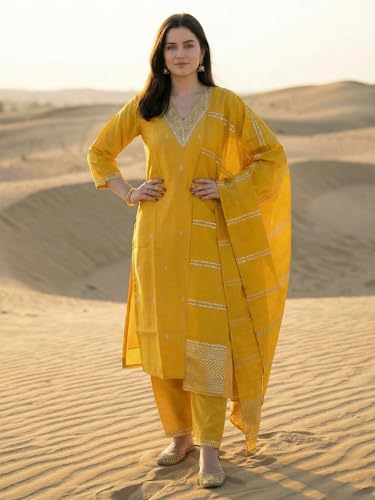 Image of INDO ERA Solid Straight Pure Cotton Kurta with Pant & Dupatta Set for Women