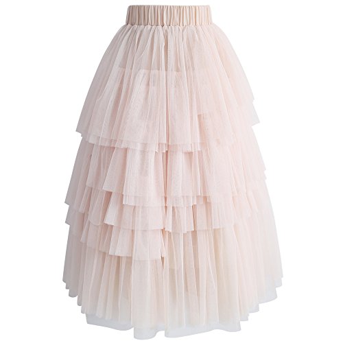 CHICWISH Women's Nude Pink/Black Tiered Layered Mesh Ballet Prom Party Tulle Tutu A-line Midi Skirt2