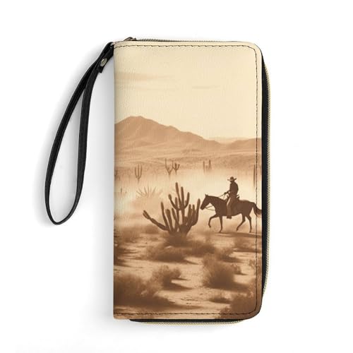 West Desert Riding Horses Leather Wallet Smooth Zip Around Clutch Wristlet Travel Long Soft Purse for Women