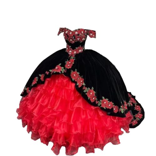 Velvet Pearls Crystal Floral Embroidered Applique Charro Dresses Quinceanera Formal Off The Shoulder Ball Gowns 2025