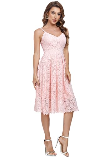 Atnlewhi Womens Spaghetti Strap V Neck Sleeveless A Line Lace Dresses for Evening Cocktail Formal Wedding Guest Light Pink