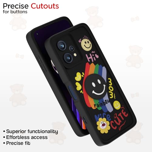 Image of Pikkme Back Cover for Realme 9 Pro 5G | Soft Silicone| Cute Rainbow Smile & 3D Cartoon Flower Design | Shockproof Raised Camera Protection Bumper Case (Black)