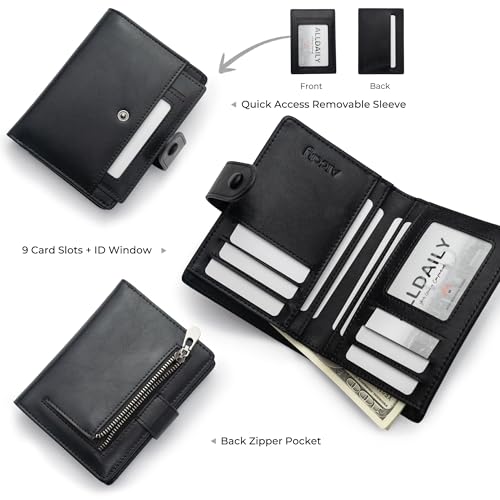 Alldaily Small RFID Blocking Leather Wallet for Women, Bifold with 10 Card Slots and Zipper Pocket (Black)2