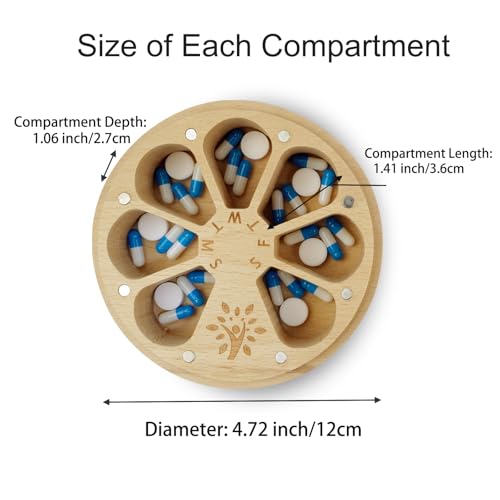 Image of Wood Weekly Pill Organizer for Medicine Vitamin,Arthritis Friendly 7-Day Pill Box Medium Compartments Holder,Daily Portable Travel Pill Case