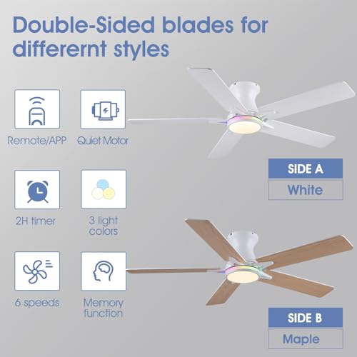 Image of 52 inchWhite Modern Low Profile RGB Ceiling Fans with Lights and Remote /APP | 14 RGB Modes,Supports Remote and APP,6 Wind Speeds, Reversible, Dimmable 3 CCT LED, 30W DC Motor,Suits for Bedroom Kidsroom