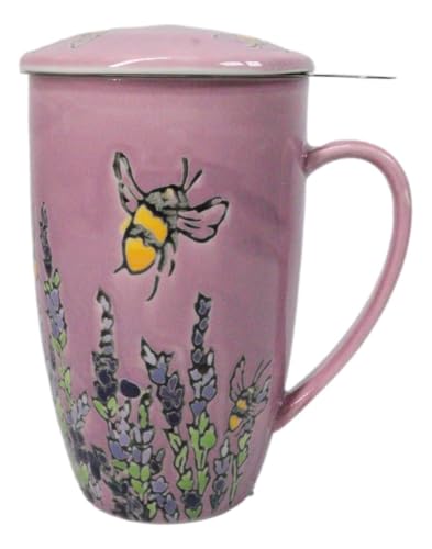 Ebros Gift Nature Wildlife 15oz Porcelain Tea Mug With Lid And Stainless Steel Infuser - Loose Leaf Tea Cup For Hot Iced Tea Coffee Herbal Drinks Home Office (Pink Spring Honeybee Flowers)
