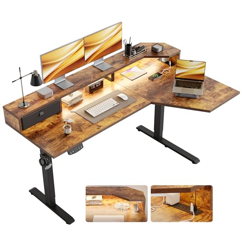 Image of Agilestic 63 Inch L Shaped Electric Standing Desk with Shelf, Height Adjustable Large Desk with Power Outlets & LED, Corner Sit Stand Up Table with Monitor Stand, Computer Workstation, Rustic Brown