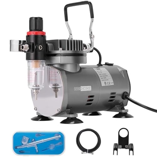 VIVOHOME Airbrush Set mit Kompressor 1/5 PS Leistungsstarker Luftstrom Luftdruck inkl. Double Action Airbrush Pistole mit Halterung und Zubehör für Einsteiger Profis Kunst Tattoo Nail