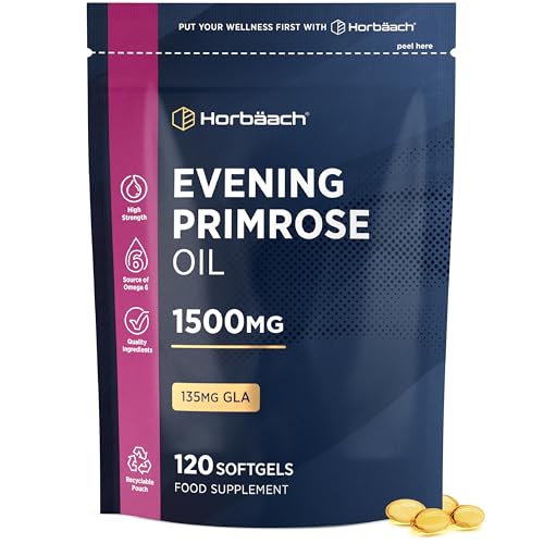 Evening Primrose Oil 1500mg | High Strength with Omega 6 and GLA | Cold-Pressed | 120 Softgel Capsules | by Horbaach
