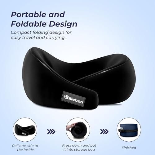 Image of Billebon Gel Infused Memory Foam Neck Pillow with Case, Travel Pillow with Adjustable Velcro Straps, Neck Pillow for Travelling & Flight Travel, Ergonomic Support for Comfort & Pain Relief (Black)