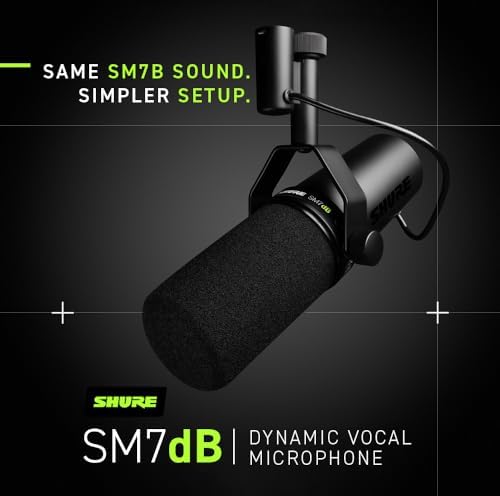 Shure SM7dB Dynamiczny mikrofon wokalowy do transmisji, podcastów i nagrywania, szeroki zakres częstotliwości, ciepły i gładki dźwięk, solidna konstrukcja, zdejmowana osłona przeciwwietrzna - czarny