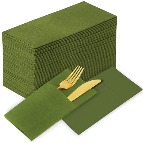 KAMMAK Matcha Green Napkins Disposable with Pocket Cloth Like Dinner Paper Napkins 100 Pack Folded Wedding Reception Napkin Bathroom Guest Hand Towels for Party Decoration (16.5 x 16.5 inch)