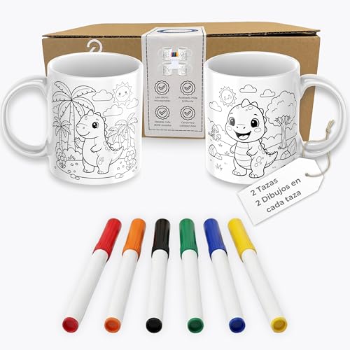 Quodelo - Tazas para Pintar de Cerámica - Pack 2 Tazas Dinosaurio con 6 Rotuladores para Hornear - Manualidades Creativas para Niños y Adultos - Kit Regalo