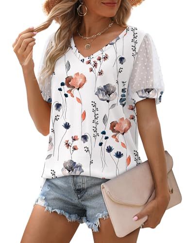 Image of Aokosor Womens Summer Tops V Neck T Shirts Swiss Dot Puff Sleeve Tops Loose Casual Tshirts