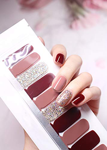 Beetle Studio 22 PCS Full Nail Polish Strips Nail Wraps Decal Street Adhesive Nails Stickers False Nail Design Nail Polish Strips with Nail Files for Women Girls,#1197-Wine red Colorful Flash