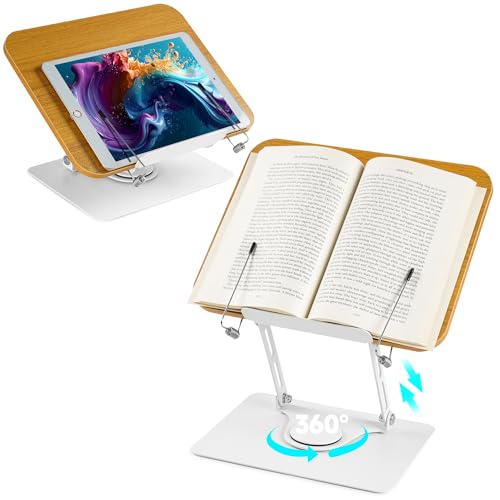 Zouway Atril para Libros con Base Giratoria de 360°, Soporte Libros con Clips, Altura Ajustable, Plegable, Soporte Tablet Mesa, IPads, Partituras, Libro, Recetas
