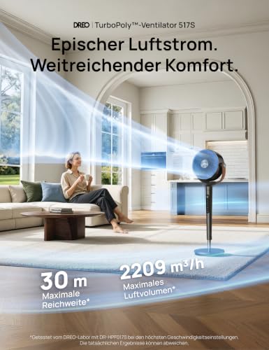 DREO 20dB leiser Smart Standventilatorr für Schlafzimmer mit RGB-LED, 150°+120° Oszillation, 30m Luftumwälzgebläse und 2209m³/h Luftvolume, 12 Geschwindigkeiten, 6 Modi, 94-107cm Höhe, WLAN & Alexa