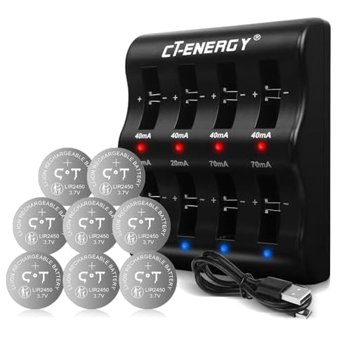 Coin Battery Charger 8 Bay with LIR2450 Rechargeable Batteries 8 Pack,3.7V Rechargeable 2450 Battery 120mAh Replace CR2450,Button Cell Battery Charger for 2450 2440 2430 2032 2025 2016 1632 Cover