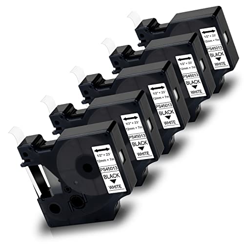 5X Pristar Compatible Label Tape Replacement for D1 45013 Tape 12mm x 7m 45013 S0720530 Black on White a45013 for LabelManager 160 210D 280 360D 420P 450 LabelPoint 100 150 LabelWriter 450 Duo