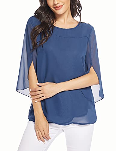 Zeagoo Womens 3 4 Bell Sleeve/Short Sleeve Scoop Neck Chiffon Tops Casual Solid Tops And Blouses Loose Shirts Blue Gray #TOP1