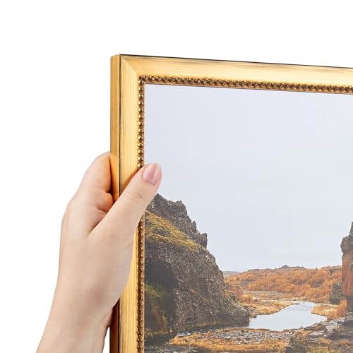 ArtToFrames 24x30 Inch Gold Picture Frame, This 0.75 Inch Custom Wood Poster Frame is Gold Square with Beads - Comes with Economy Acrylic and Corrugated Backing (WOMOM84038-24x30)