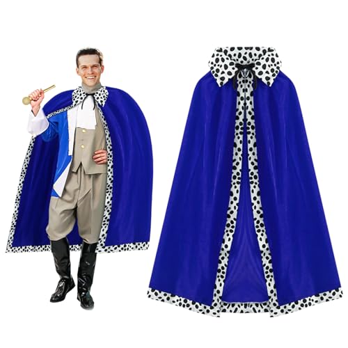 XNIVUIS Capa de Rey Reina para Adulto, Disfraz de Rey Reina Manto de Príncipe Ropa Medieval para Hombres Mujeres, Capa de Terciopelo Manto Azul Adulto 120cm para Halloween Carnaval