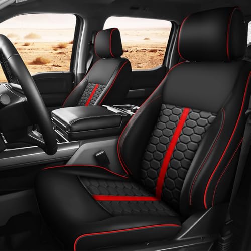 Marvora Car Seat Covers Full Set Fit for F150 2021 to 2025 4DR (Super Crew) XL/XLT/Lariat/Lightning Luxury Leather Auomotive Interior Seat Cover Comfortable Seats Protectors Black red