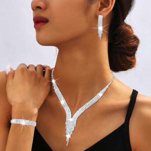 Sixexey Rhinestone Bridal Necklace Earrings Sparkly Jewelry Set Prom Wedding Party Necklace Jewelry Accessories for Women3